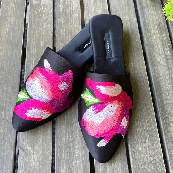Natori Satin Embroidered Mule Slippers - Picture 2 of 11